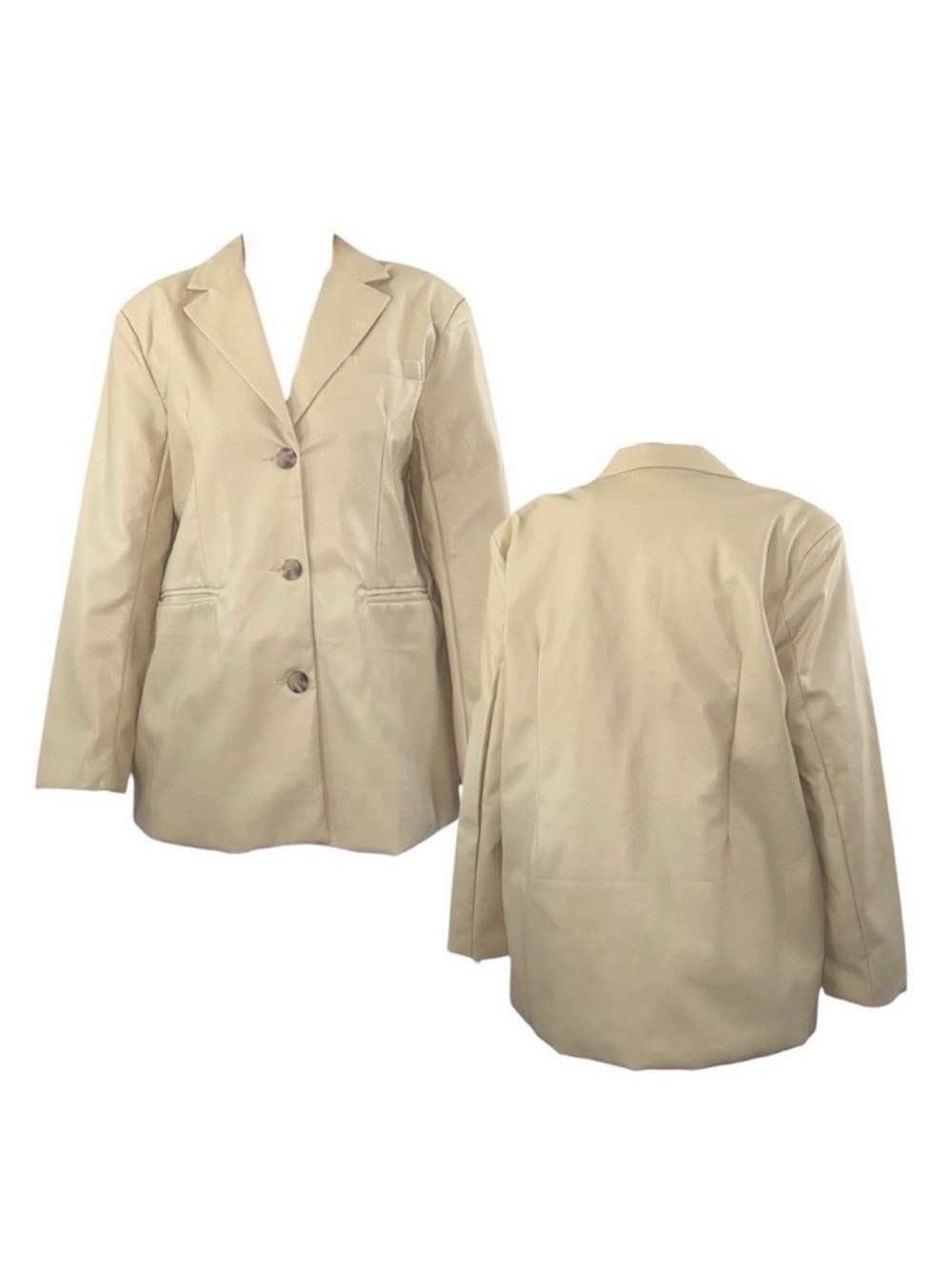Beige Faux Leather Oversized Blazer Jacket